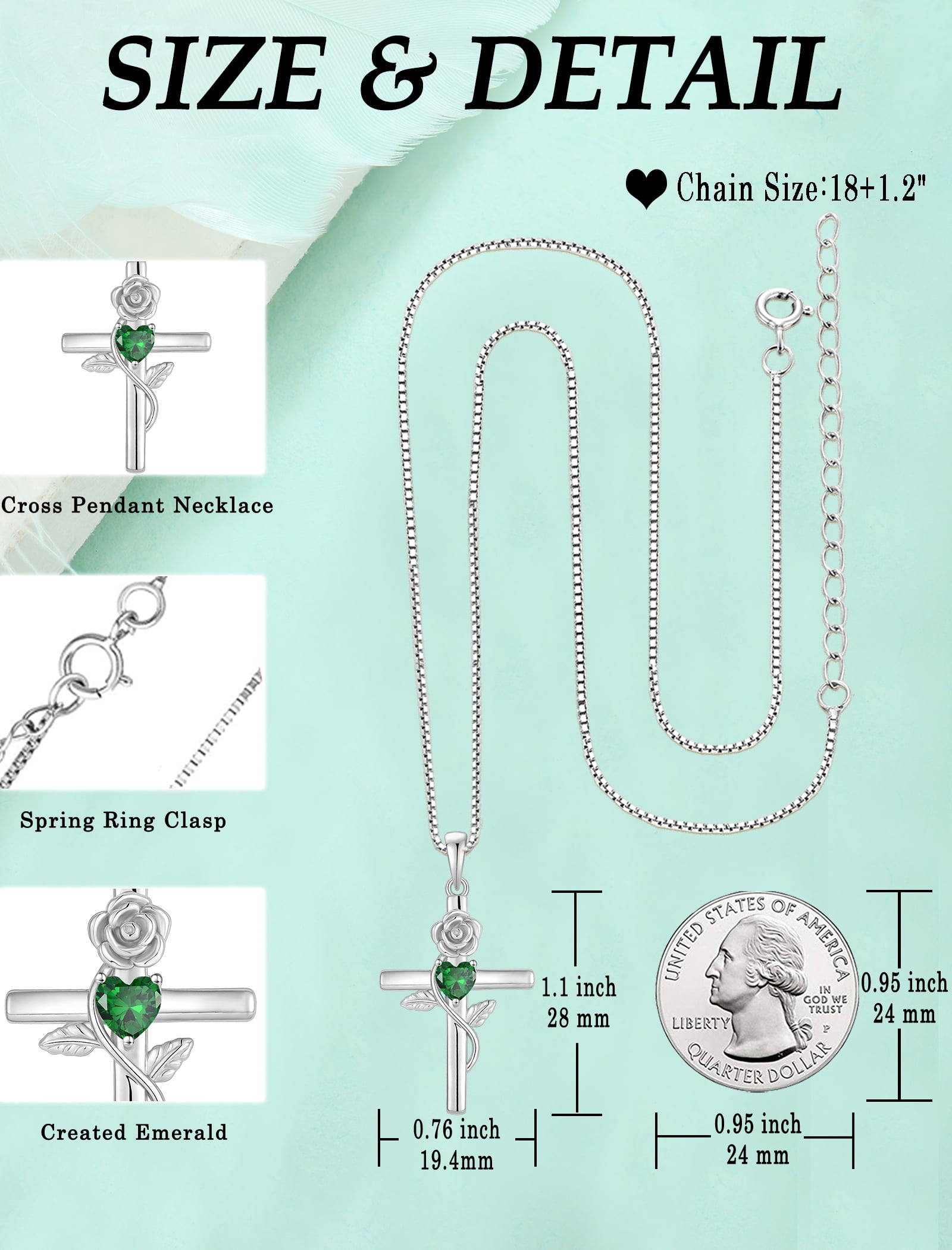 VESITIM Cross Pendant Necklace Sterling Silver Infinite Rose Flower Necklace Women Faith Jewelry Gift with May Birthstone Created Emerald
