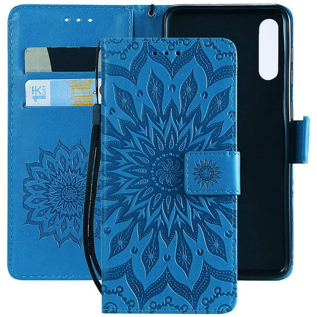 Wallet Case, Embossed Sunflower Premium PU Leather Folio Flip Kickstand Card Slots Wrist Strap Cover for Samsung Note9(Blue)