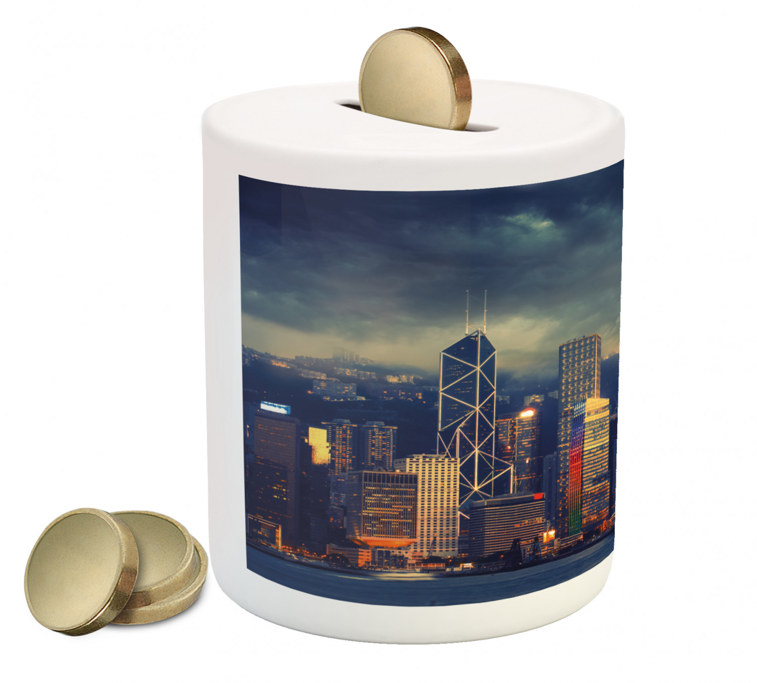 Cityscape Piggy Bank, Hong Kong Cityscape Stormy Weather Dark Cloudy Sky Waterfront Port Dramatic View, Ceramic Coin Bank Money Box for Cash Saving, 3.6" X 3.2", Multicolor, by Ambesonne - image 2 of 4