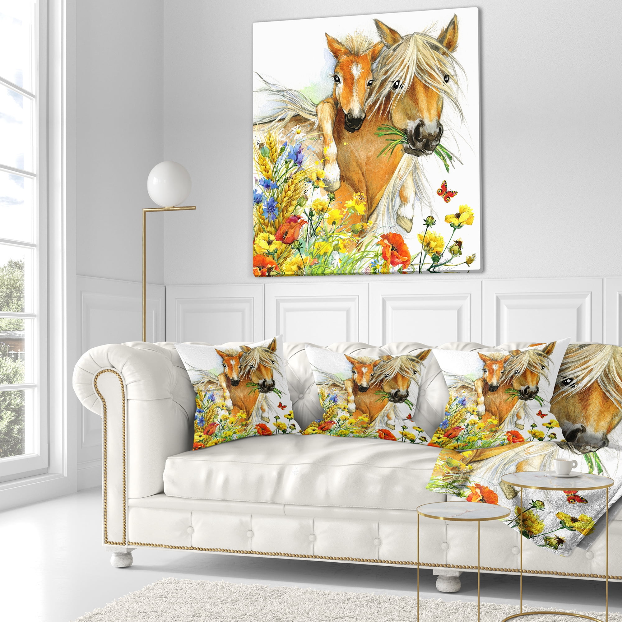 Designart Horse and Foal with Flowers - Animal Throw Pillow - 16x16