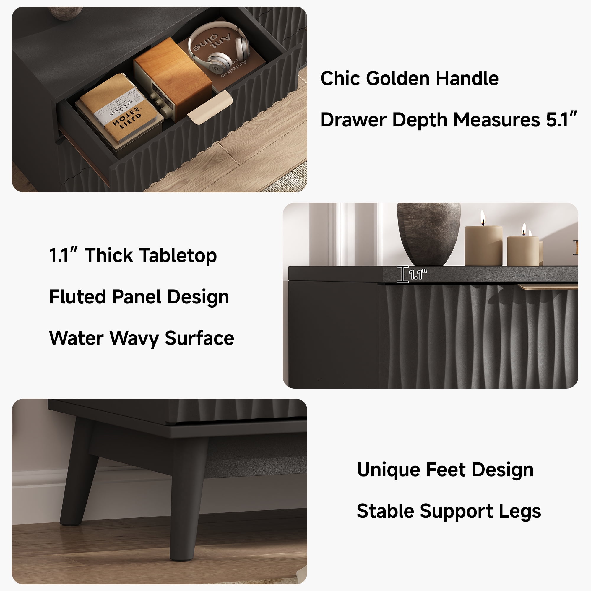 Fluted Dresser for Bedroom with 6 Drawers, 48" Wide Modern Chest of Drawers with Elegant Wave Design, Wooden Dresser TV Stand, Closet Clothes Storage Organizer for Living Room, Hallway