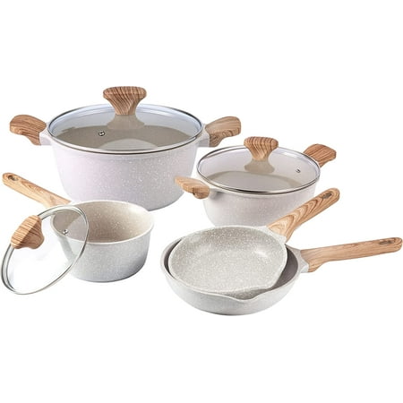 

HaiMai Nonstick Induction Cookware Sets - 8 Piece Nonstick Cast Aluminum Pots and Pans with BAKELITE Handles - Non-Toxic Pots and Pans- Speckled Cream with Light Wood Handles