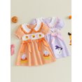 thumbnail image 3 of RUINIXCW Toddler Baby Girl Halloween Dress Outfit Little Baby Girls Summer Fall Smocked Dress Clothes Funny Ghost Candy Corn Embroidery  Doll Collar Short Sleeve Gingham Plaid Dress, 3 of 9