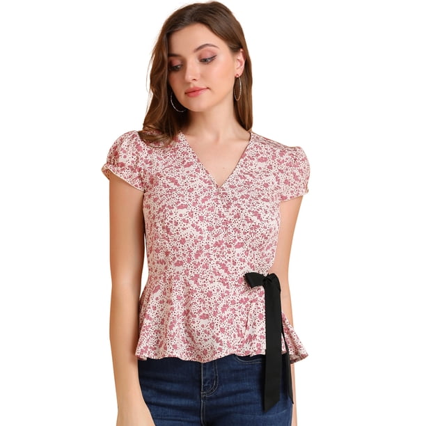 INSPIRE CHIC Blusa Estampado Floral Cuello V Manga Del Casquillo Cintura De Lazo Envuelva Peplum Top Para Mujeres Beige L