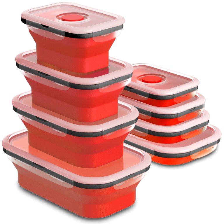 Set of 4 Collapsible Foldable Silicone Food Storage Container With BPA  Free, Leftover Meal Box With Airtight Plastic Lids For Kitchen (Red) 