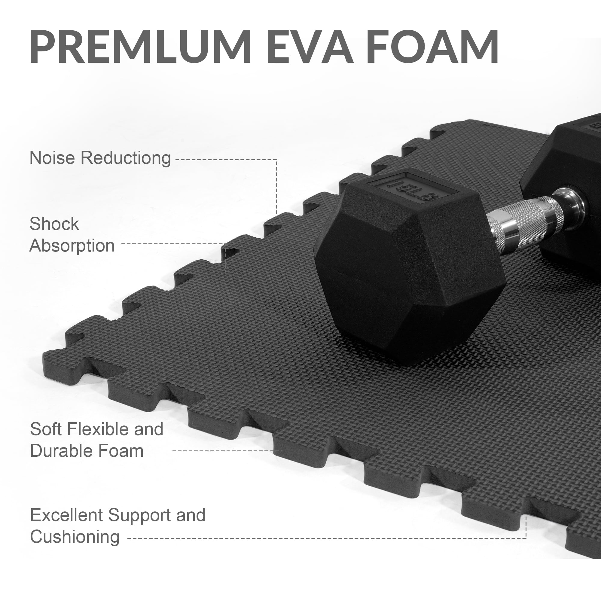 FlexWave 12-pack 1/2-inch Thick High-Density EVA Splicing Mat, 48 Square Feet, Tool-Free, Quick Assembly, Shock-Absorbing, Non-Slip and Waterproof, Suitable For Yoga , Black