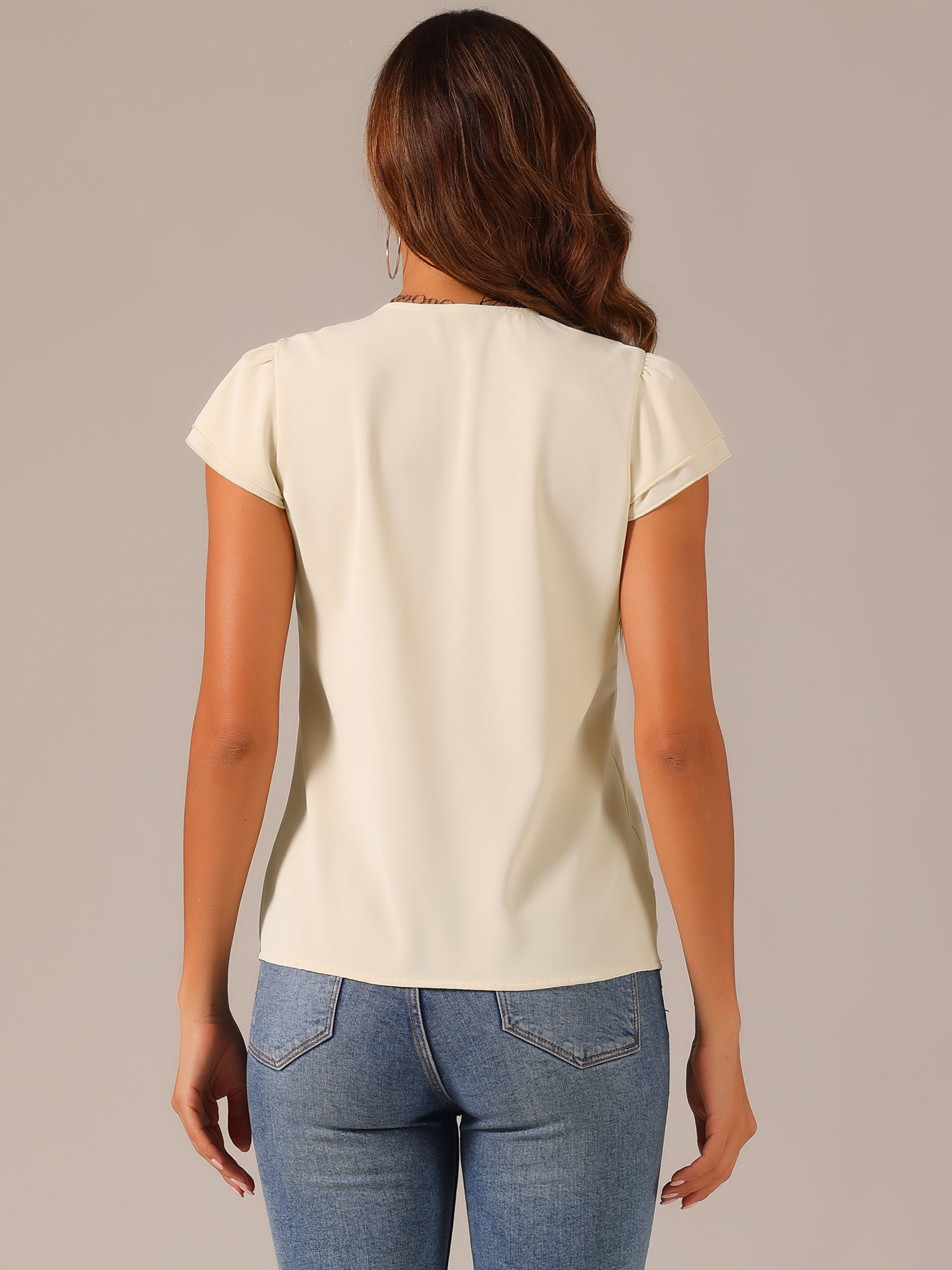 DARING DIVA Women's Summer Office Tops V-Neck Solid Color Chiffon Blouse M Apricot