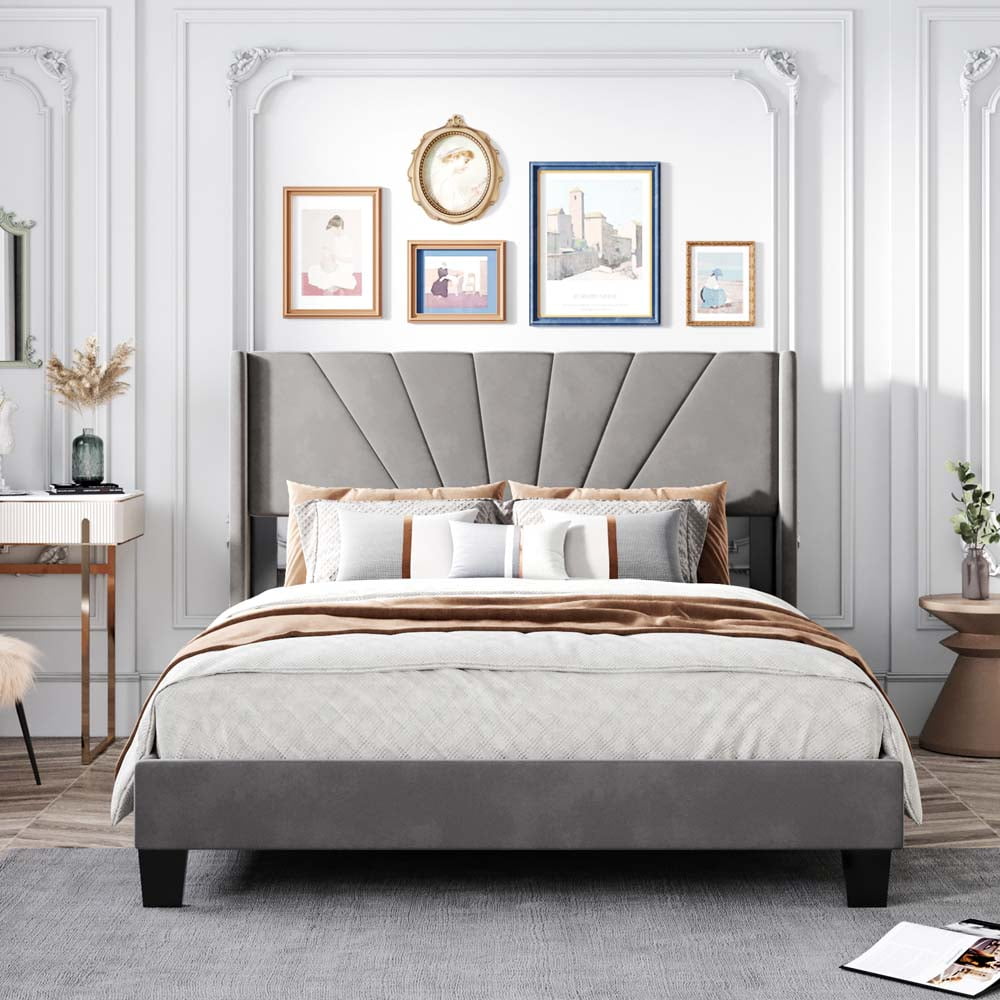 Full Details about   Velvet Upholstered Bed Frame With Headboard Wood Slats Platform Bed Twin 