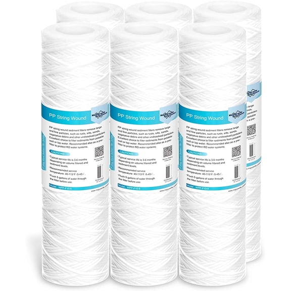 Membrane Solutions String Wound Whole House Water Filter Replacement Cartridge Universal Filter Reduces Sediment, Dirt, Rust and Particles, 10 Micron, 6 Pack