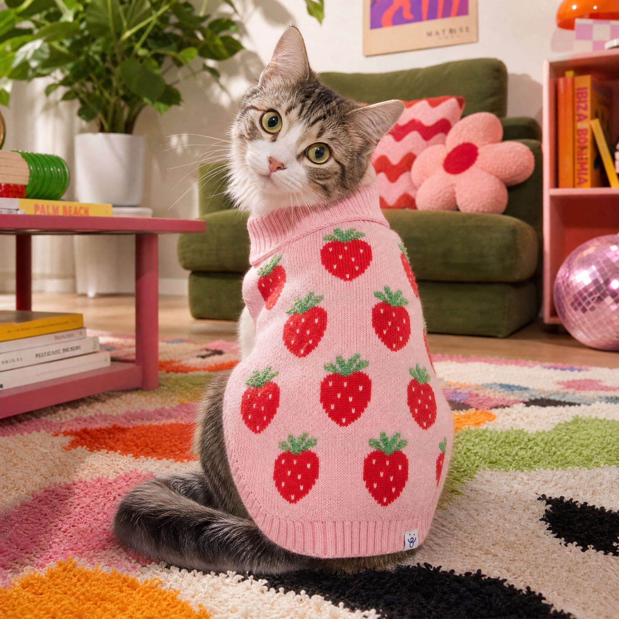 Oodles Fall Pink Sweet Strawberries Turtle Neck Pet Sweater, Small