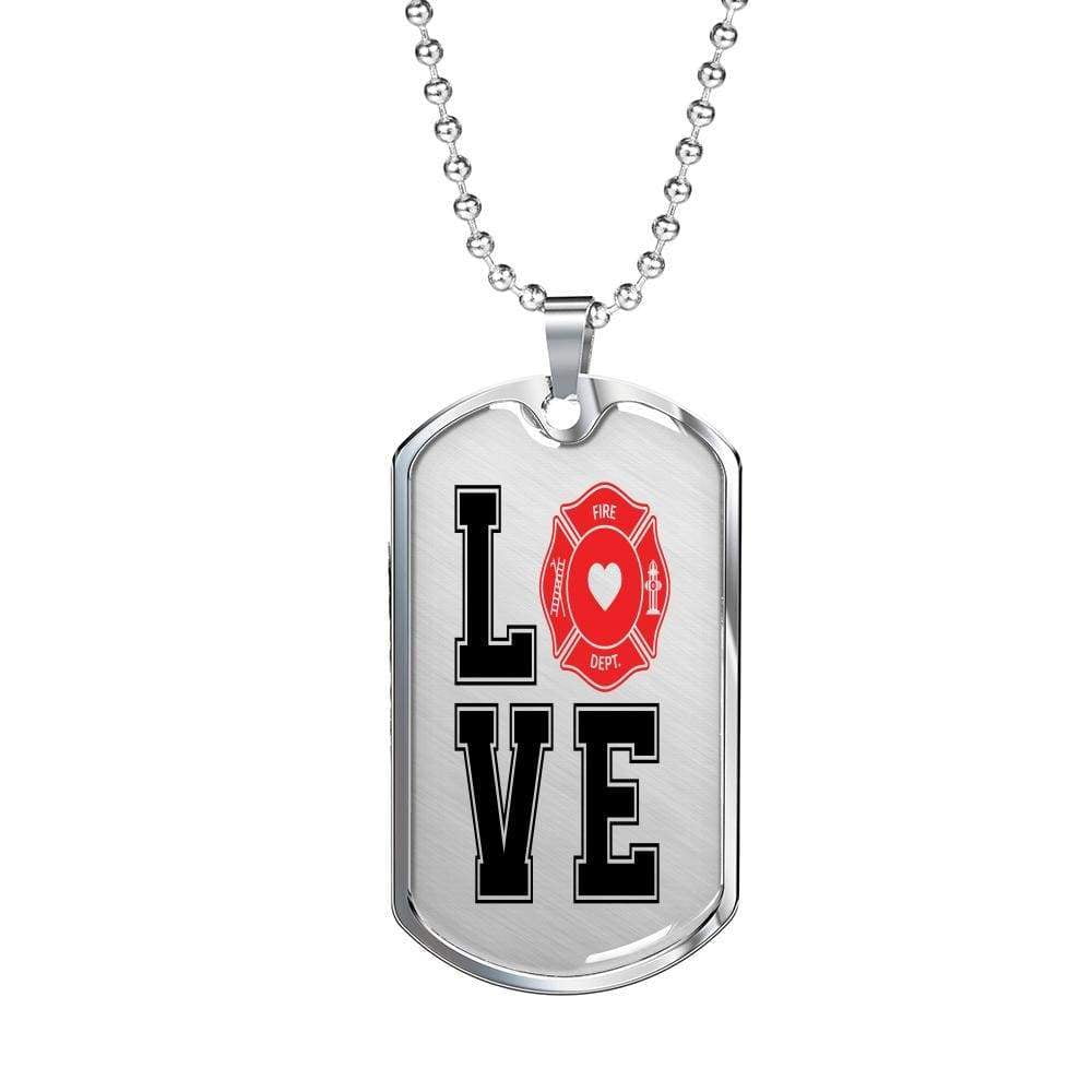 Love Firefighter Dog Tag Stainless Steel or 18k Gold 24" Chain