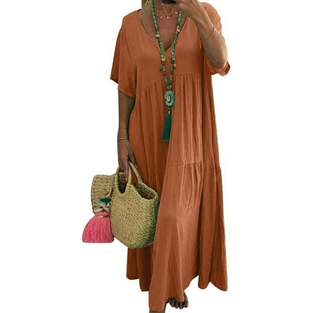 CHOK Robe Maxi en Lin Ample et Décontractée pour Femmes, Col en V, Manches Courtes, Coupe Grand et Fluide, Longue