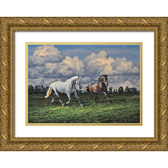Adamov, Alexey 14x11 Gold Ornate Wood Framed with Double Matting Museum Art Print Titled - Horses after the Rain