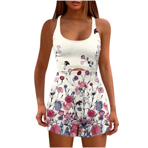Usmixi Rompers for Women Workout Sports Fashion Hollow out One Piece Strap Jumpsuits Square Neck Sleeveless Formal Gradient Print Short Womens Jumpsuits on Clearance
