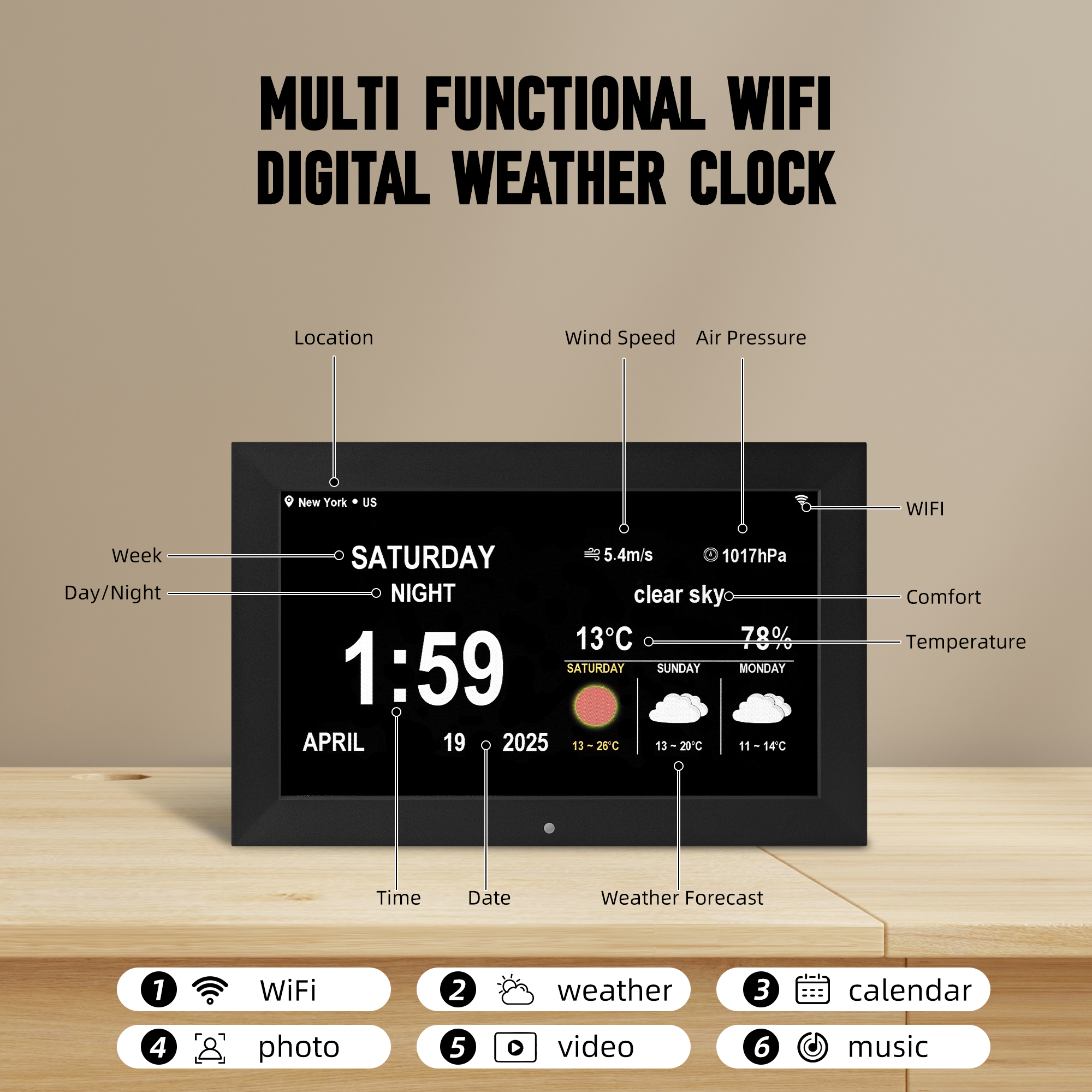 Memwake Multifunctional Large-Screen Digital Alarm Clock for 2026 World Cup，for Alzheimer's Patients with Date , Day of Week,Temperature and Humidity ,Multiple Display Modes,10-inch WIFI Black