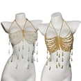 thumbnail image 6 of 3. Fashionable Pearl-Embellished Halterneck Top with Fringe Tassels Body Chain Women's Festive Evening Crop, 6 of 9