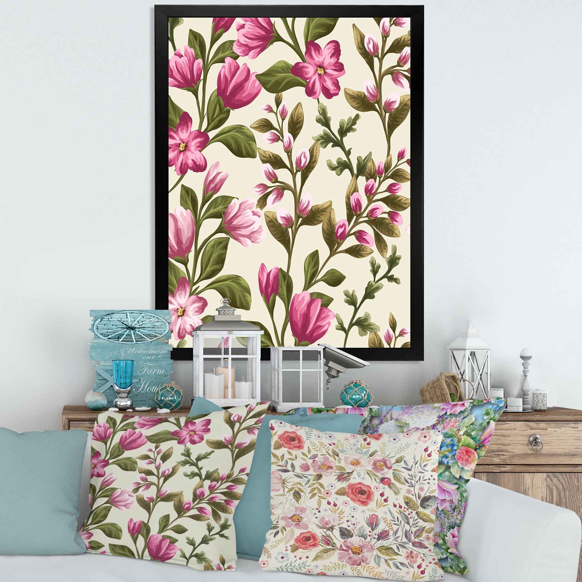 Designart 'Pink Vintage Wildflowers' Traditional Framed Art Print