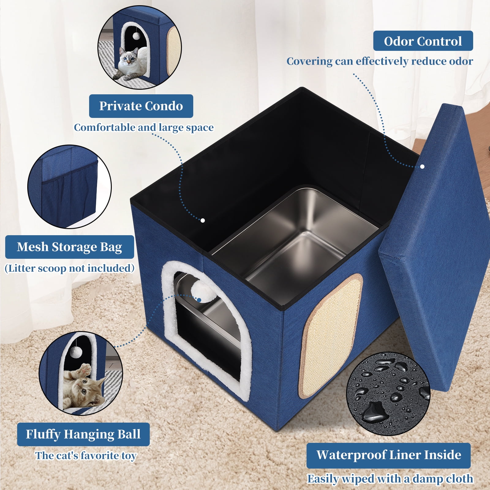Cat Litter Box Enclosure Furniture, Foldable Hidden Litter Box with Mesh Storage Bag, Litter Box Furniture with Waterproof Inside, Easy Clean