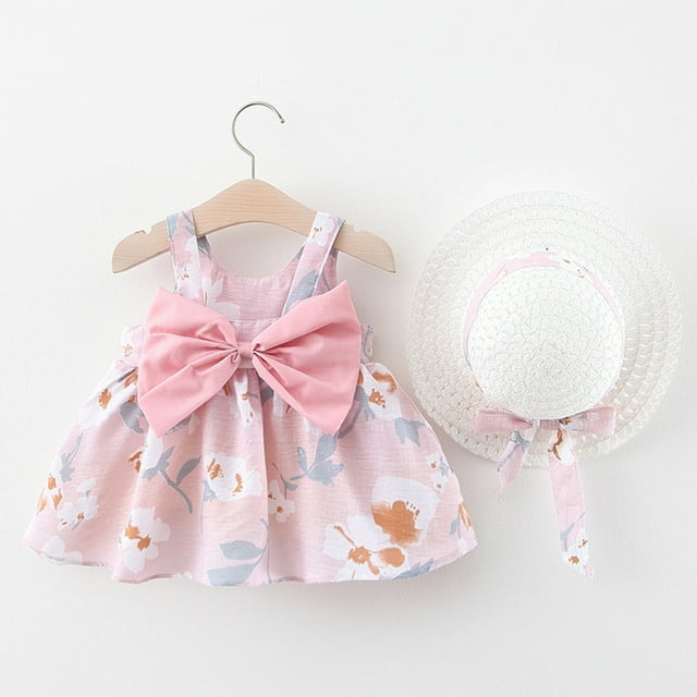 Robe pour Tout-Petit Sans Manches Robe Tutu pour Bébé Robe d'Été pour Filles avec Chapeaux 2 Pcs Robe de Fête pour Tout-Petit 12-18 Mois