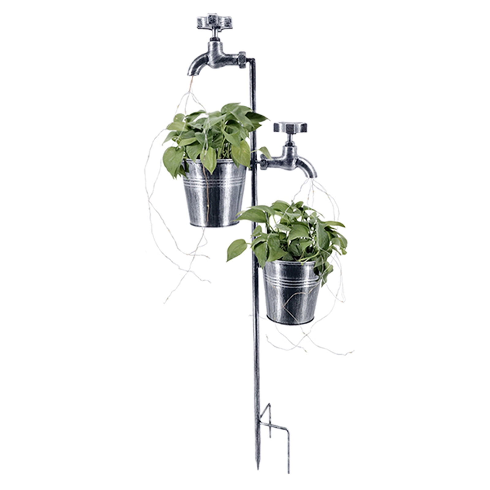 CreativeArrowy Solar Faucet Garden Stake with Two Planters, LED Lights