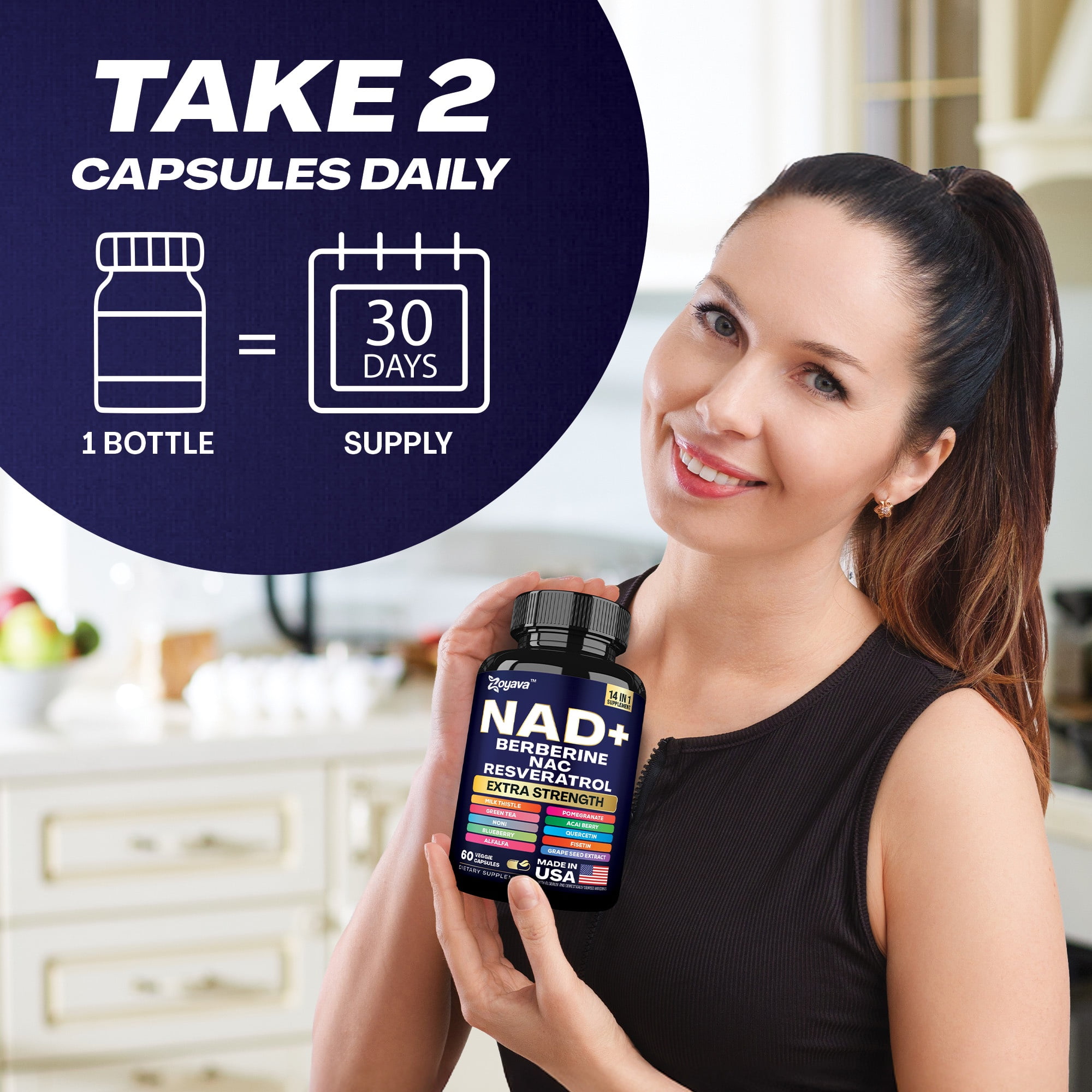 Zoyava NAD+ Supplement Blend with Berberine, Resveratrol, Milk Thistle, Green Tea, 14-in-1 Formula, 60 Capsules