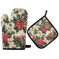 Yayeee Oven Mitts and Pot Holder Set of 4 Heat Resistant Kitchen Gloves Baking Hot Pad, Red Christmas Poinsettia