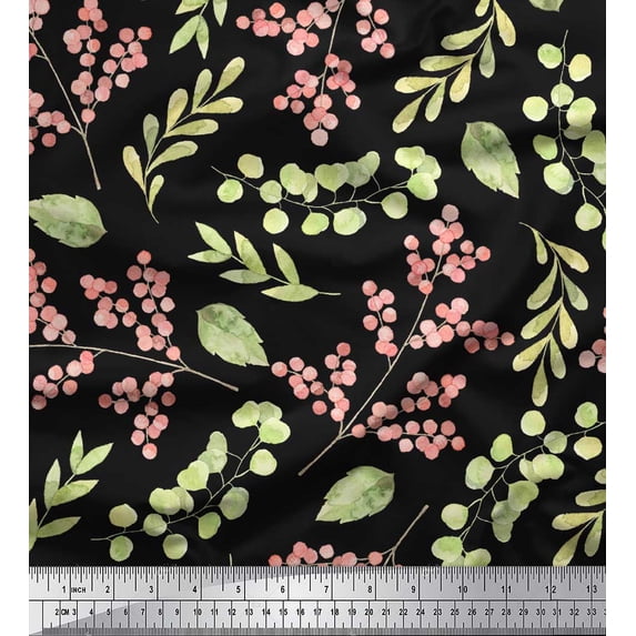 Soimoi Black Cotton Duck Fabric Red Berries & Leaves Print Fabric by Yard 42 Inch Wide