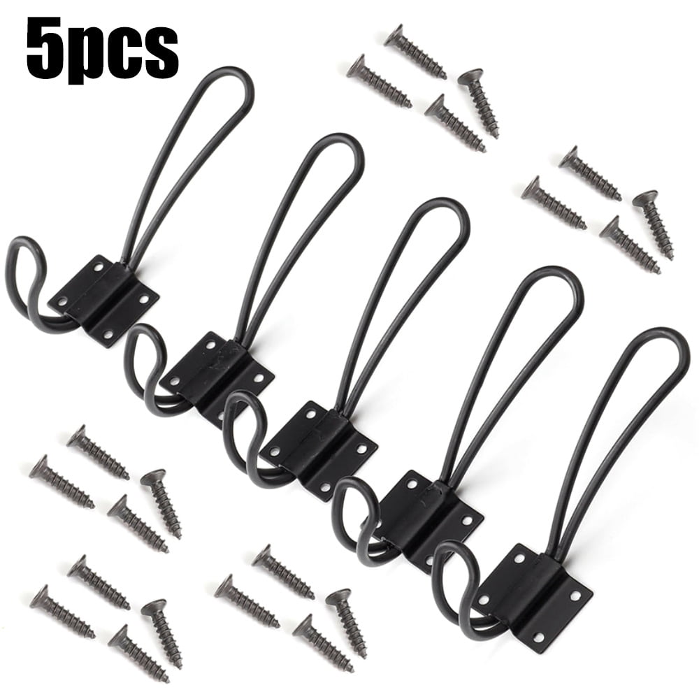 5Pcs Vintage Wire Loop Coat Metal Hooks Hook Wall Clothes Hanger Black For Sale 