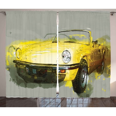 Car Decor Curtains 2 Panels Set, Retro Classic 50s 60s Cuban American Watercolor Big Cosy Car Print Picture, Window Drapes for Living Room Bedroom, 108W X 90L Inches, Yellow and White, by Ambesonne