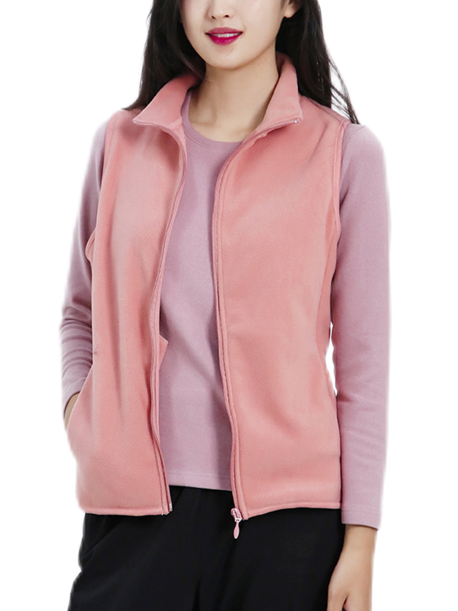 Lumento Ladies Cardigan Holiday Outwear Loose Zip-Up Jacket Vest Casual  Solid Color Waistcoat With Pockets Orange Pink 12