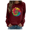 thumbnail image 2 of Floleo Clearance Fall Clothes For Women Women's Casual Loose Round Neck Long Sleeve Sunflower Print Top Blouse T-shirt Wine, 2 of 5