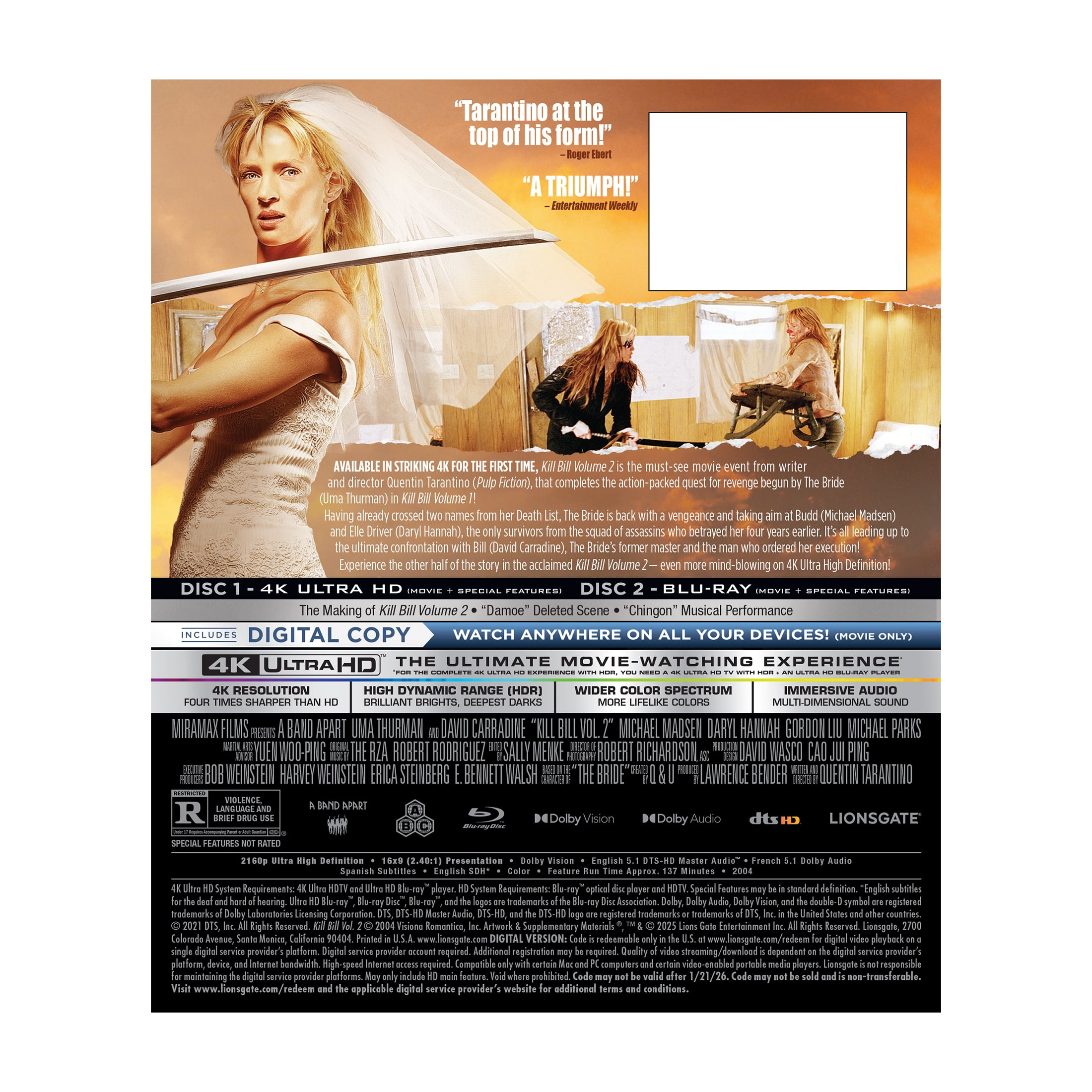 Kill Bill Vol 2 (4K UHD + Blu-ray + Digital) - Walmart.com