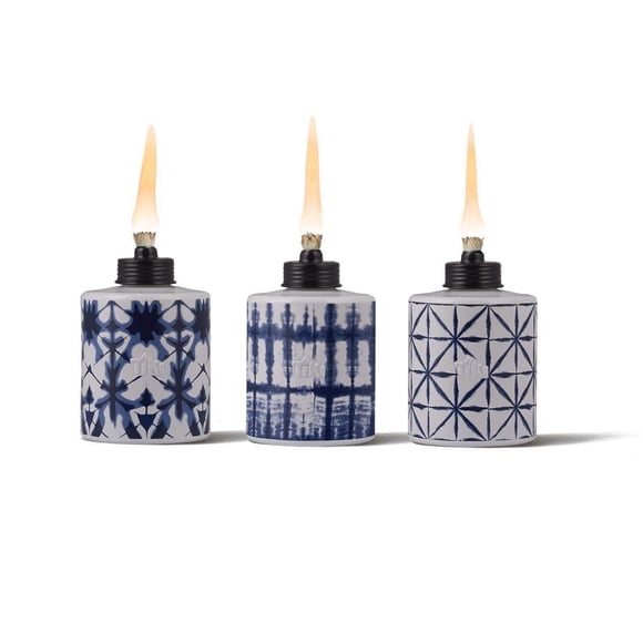 Linterna de exterior de la marca TIKI Glass Tiedye Blue, paquete de 3