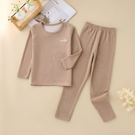 PInxai Girls Boys Clothes 2 Piece Thermal Sets Casual Comfy Round Neck Long Sleeve Base Layer Top Elastic Waisted Pants Coffee 9 Years