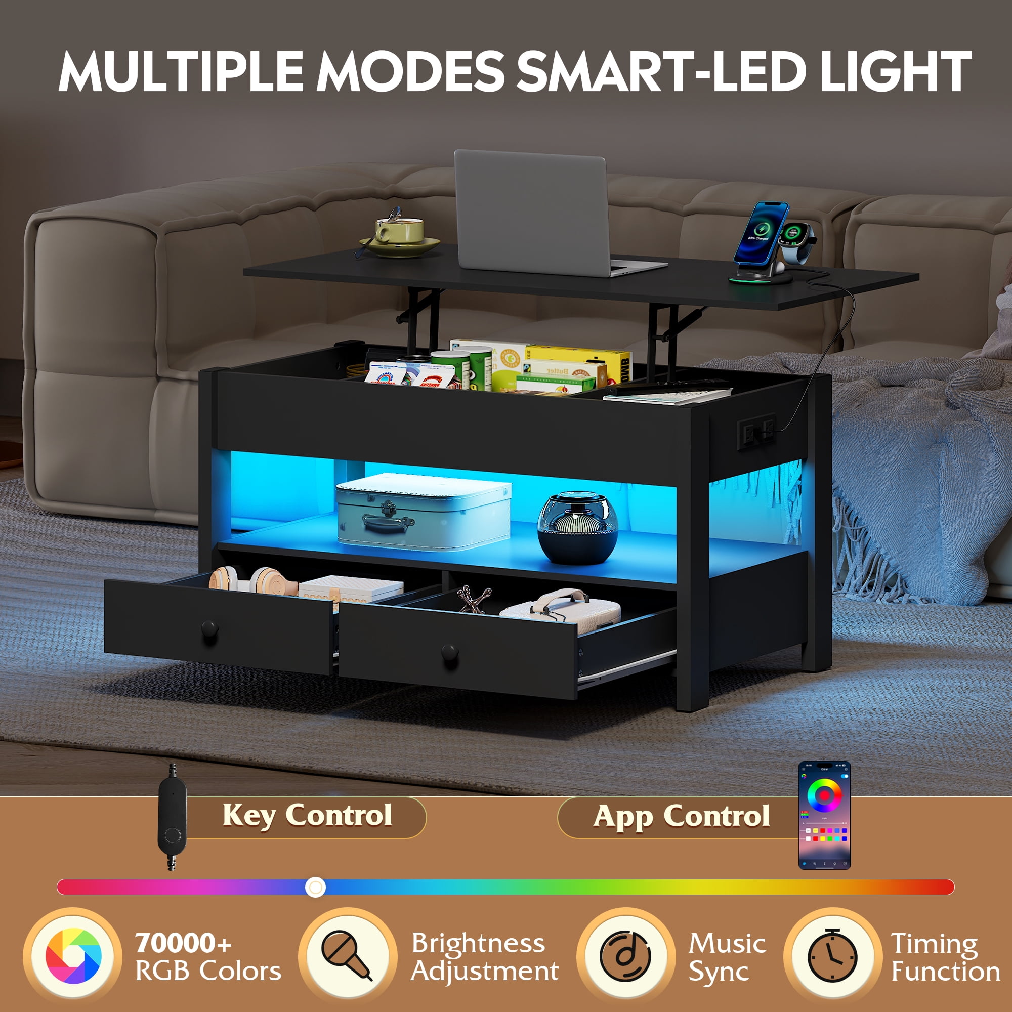 GALAXHERO Lift Top Coffee Table for Living Room Table with 2 Drawers & LED Light & Large Storage and Open Shelf Black
