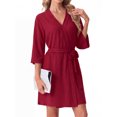 thumbnail image 2 of Women's Waffle Knit Robe 3/4 Sleeve V Neck Knee Length Wrap with Adjustable Waist Belt Wine Red 2XL, 2 of 4