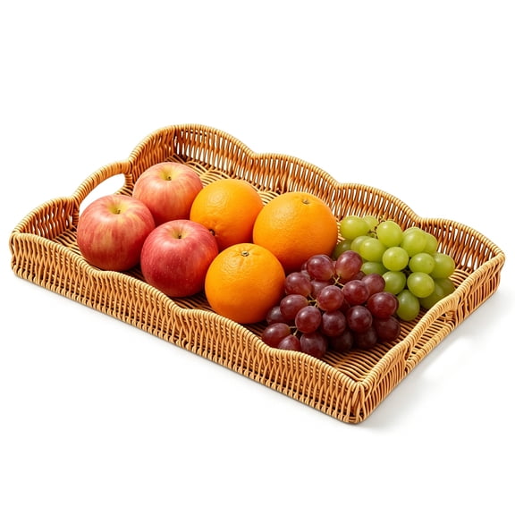 Rattan Tray with Handles, Rectangular Serving Tray Vintage Decorative Tabletop Serving Baskets, Hand Woven Tray Breakfast Dessert Fruit Decorative Trays, 14.8x11x2inch