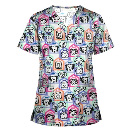 

QAZXD Nurse Uniforms Women Cartoon Animal Printed V Neck Short Sleeve Medical Scrub tops Workwear T-shirt Blouse With 2 Pockets M