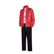 80s Pop Star Costume Red Zipper Jacket Music Note Shirt Pants Halloween Adult Men Outfit Set