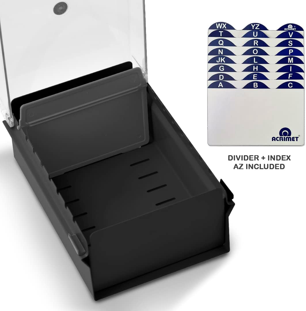Acrimet 3 x 5 Card File Holder Organizer Box Metal Base Heavy Duty (AZ Index Cards and Divider Included) (Black Color with Clear Crystal Plastic Lid Cover)