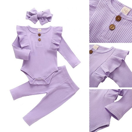 

Clearance Infant Girl Romper Ruffle Long Sleeve Bodysuit Newborn Baby Outfits Baby Fly-sleeved One-piece Romper Trousers And Headband Three-piece Suit