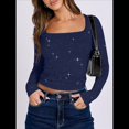 thumbnail image 4 of Camisetas de Larga con Cuello Cuadrado para Mujer - Camiseta Básica Ajustada Azul Marino XL, 4 of 7
