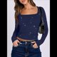thumbnail image 4 of Camisetas de Larga con Cuello Cuadrado para Mujer - Camiseta Básica Ajustada Azul Marino S, 4 of 7