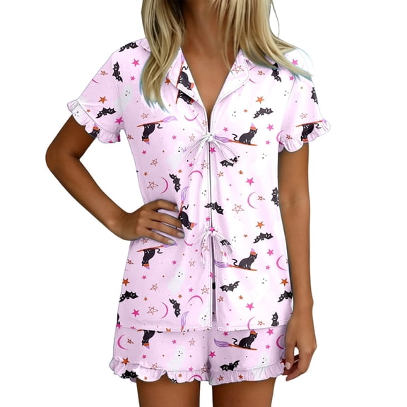 Outfits for Women Lightweight Halloween Graphic Print Lapel Short Sleeve Belted Top And Shorts 2 Piece Loungewear Women's Clothing Sets L