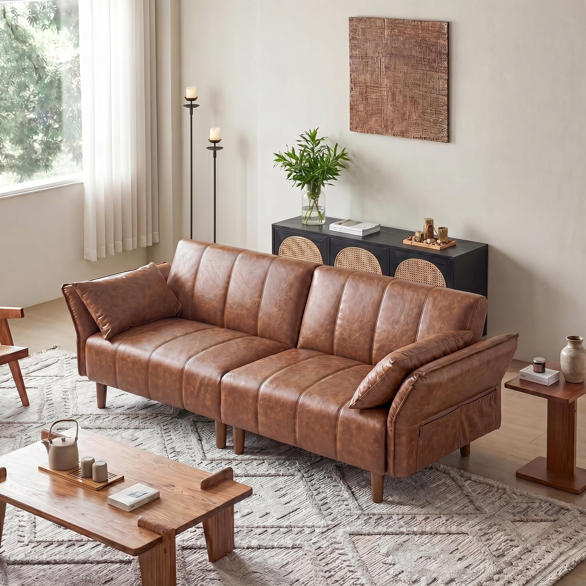 77" Faux Leather Sofa,Mid Century Modern Convertible Futon Sofa Bed Loveseat with Adjustable Armrest and Backrest,2 Pillows for Living Room,Office,Brown