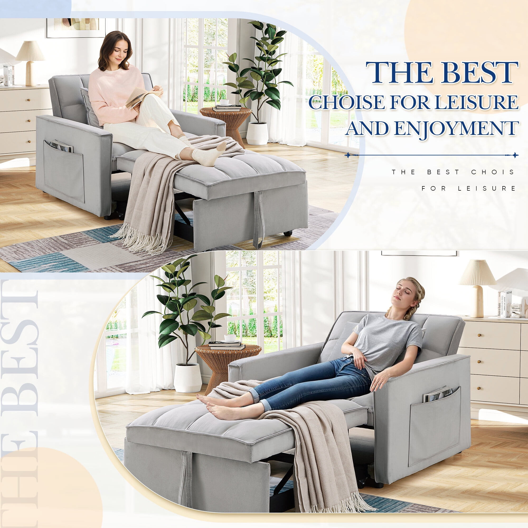 Lunale 4-in-1 Convertible Sleeper Sofa Chair Bed for Adult, Lounge Chair Indoor, Modern Single Couch for Living Room, Small Spaces, Gray Velvet