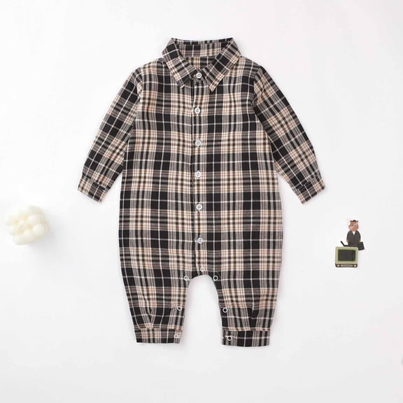 Baby Plaid Romper Long Sleeve Button Down Shirt Jumpsuit Cotton Soft Comfortable Bodysuit for Infant Boy Girl Casual Fall Winter Outfit