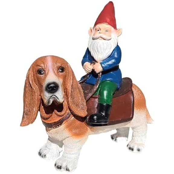 Gnome Riding A Basset Hound - Funny Garden Gnomes Gifts for Women - Garden Gnomes for Outdoors - Gifts for Dog Lovers - Indoor/Outdoor Garden Gnome Sculpture for , Yard or Lawn