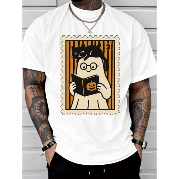 Washed Effect Womens Ghost Cat Graphic Tee Shirt Retro Stamp Halloween Tops Round Neck Short Sleeve White S-5XL