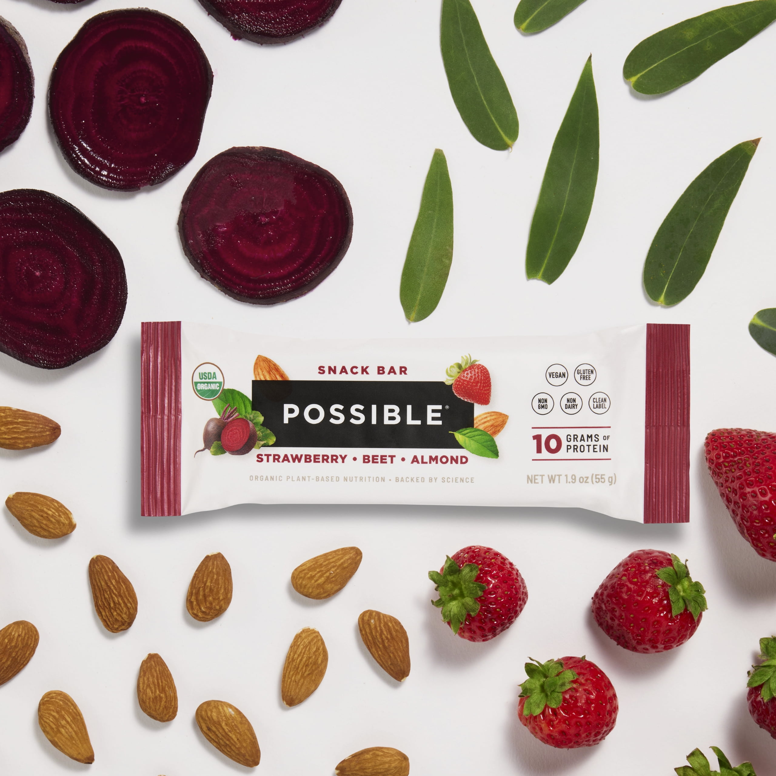 Possible Snack Bar - Organic Energy Bars with 10g of Plant-Based Protein - Vegan, Gluten-Free, Non-Dairy, USDA Organic - Healthy Fats - Clean Label - 1 Box, 12 Servings - Strawberry Beet Almond